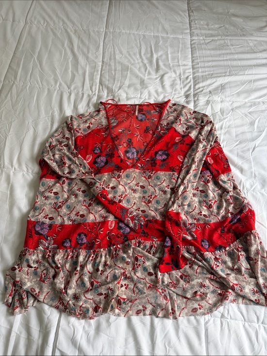 Free People Tops - Free People Red and Cream Floral Patchwork V-Neck Tunic
